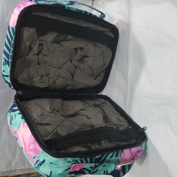 Hurley obsidian dark blue pink hibiscus tropical palm print makeup cosmetics bag - Picture 12 of 16